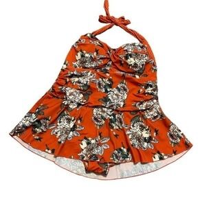 Skirted Pinup slimming retro halter swimsuit one piece sz 24 orange floral plus